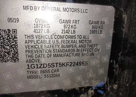 2019 Chevrolet Malibu Lt z USA, uszkodzony, nr VIN 1G1ZD5ST5KF224955